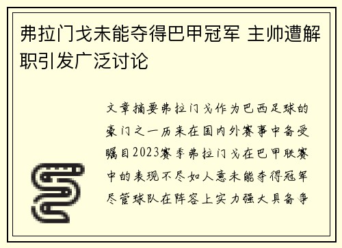 弗拉门戈未能夺得巴甲冠军 主帅遭解职引发广泛讨论 弗拉门戈未能夺得巴甲冠军 主帅遭解职引发广泛讨论